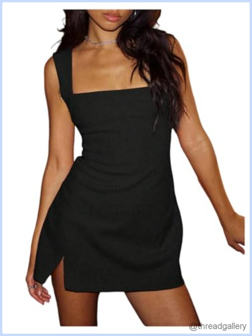Women's Sleeveless Square Neck Mini Dress Split Hem Bodycon Slim Fit Club Night